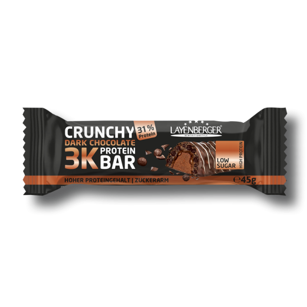Der 3K Crunchy Dark Chocolate Riegel.